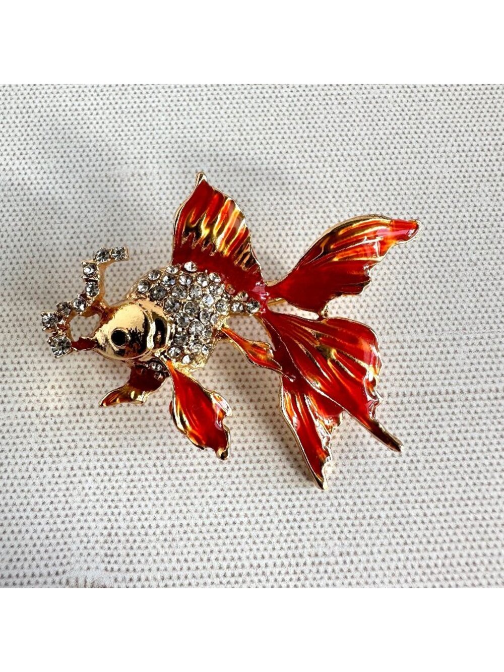 Red Enamel Rhinestone Goldfish Brooch Gold Tone Figural Pin 1990s